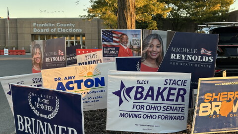 Yard signs outside the Franklin County Board of Elections in October 2026.