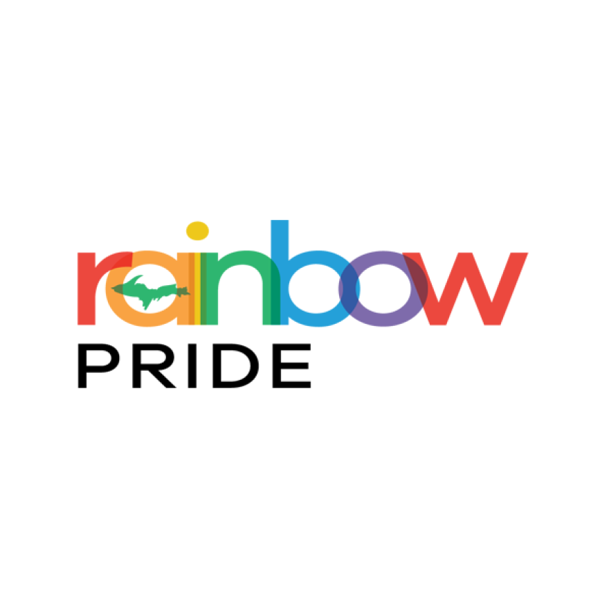 U.P. Rainbow Pride logo, with the word "rainbow" in ROYGBIV colors and the word "pride" in black. A green Upper Peninsula is located in the circle of the lowercase letter "a."
