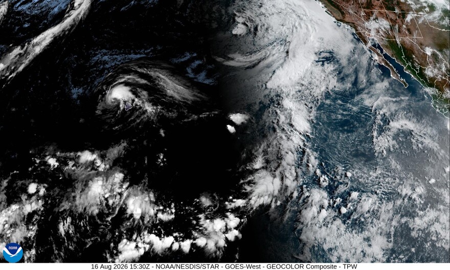 This satellite images shows Tropical Storm Lala heading west on Sunday morning after passing within 35 miles of Hawaiʻi Island.
