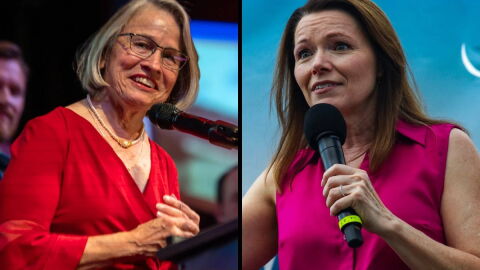 Left, Rep. Mariannette Miller-Meeks speaks at a podium on Election Night 2024. Right, Democratic challenger Christina Bohannan speaks the 'Des Moines Register' Political Soapbox.