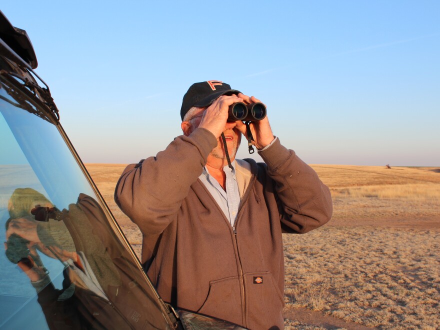 Wayne Keller, a rancher whose land is south of Dodge City, Kan., scans his land for prairie chickens. The federal government has proposed listing the bird as an endangered species.