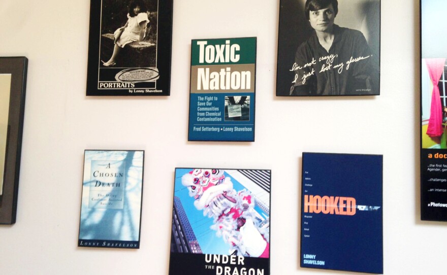 Copies of the covers of Shavelson's books decorate his office wall.