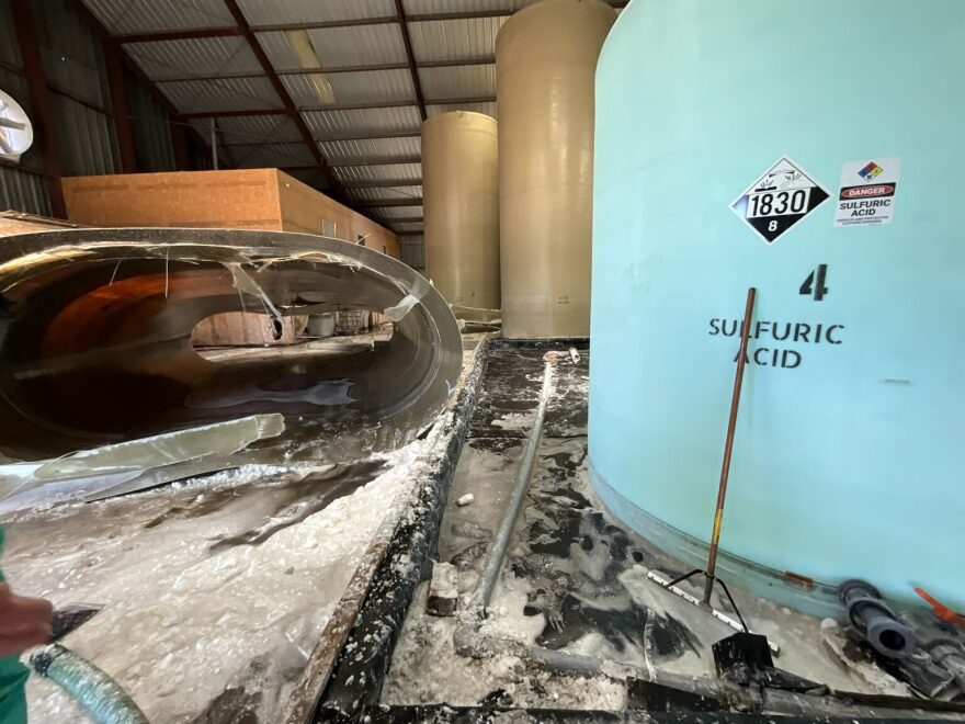 The interior of the C&S Chemicals facility in Fort Smith, Arkansas, on May 3, 2026, including the ruptured acidified aluminum sulfate tank that caused the spill.