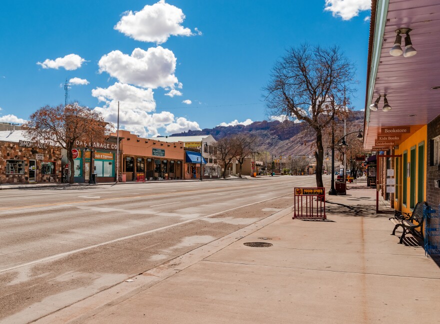 A photo of an empty street in Moab, Utah.