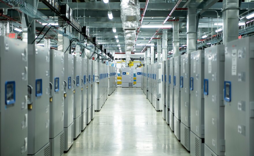Banks of ultracold freezers are used to store COVID-19 vaccines at Pfizer's Kalamazoo manufacturing complex in Portage, Mich.