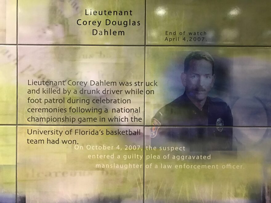 A photo honoring Corey Dahlem on the wall of the GPD's "Hall of Heroes." (Gabriela Rodriguez/ WUFT News)