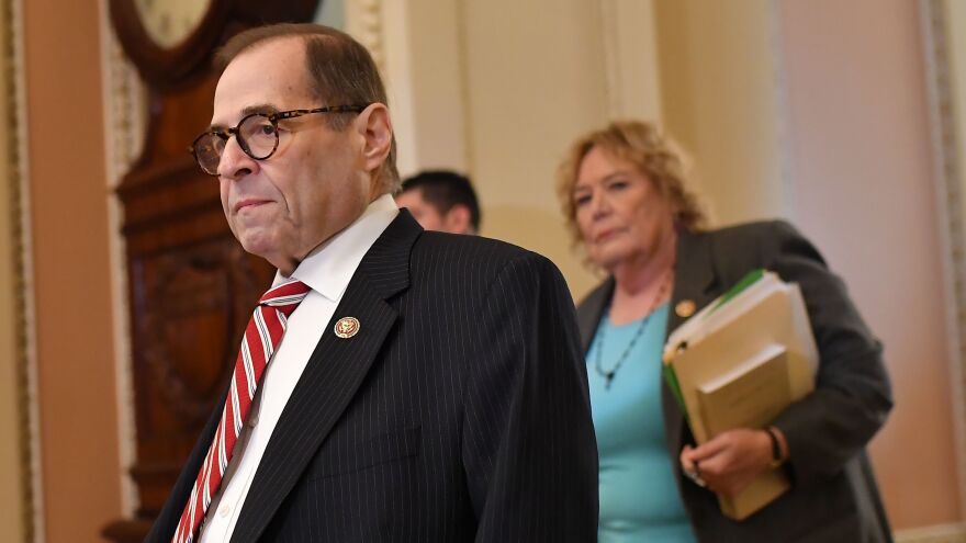 House impeachment managers Jerry Nadler, D-N.Y., and Zoe Lofgren, D-Calif., arrive for the Senate impeachment trial of President Trump on Thursday.