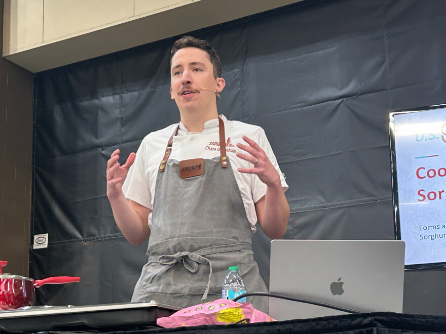 Chef Chase Obenchain, corporate chef for the Sorghum Checkoff, explains how to prepare Spanish rice-style sorghum at the Global Sorghum Conference.