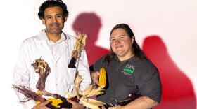 Two people hold ears of corn. Some are bright yellow. Others are dark purple and red.