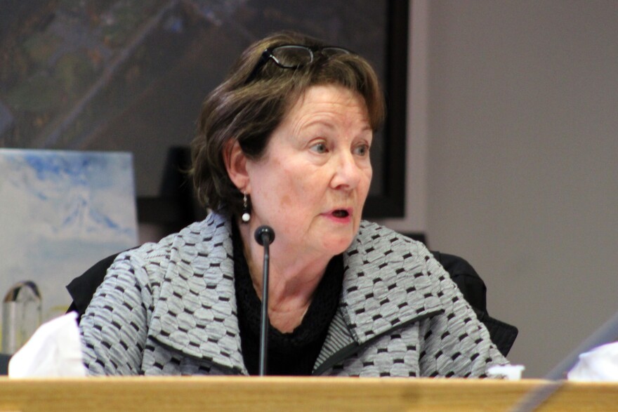 Soldotna City Council member Linda Farnsworth-Hutchings speaks in favor of a proposed increase to the city sales tax during a meeting on Wednesday, May 13, 2026 in Soldotna, Alaska.