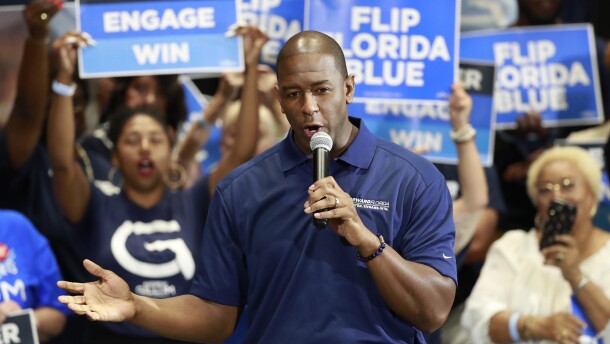 FILE - In this March 20, 2019 file photo, former Florida Democratic gubernatorial candidate Andrew Gillum speaks during a rally in Miami Gardens, Fla. Gillum, the 2018 Democratic nominee for Florida governor, is facing 21 federal charges related to a scheme to seek donations and funnel a portion of them back to him through third parties. The U.S. attorney's office announced the indictment Wednesday, June 22, 2022. (AP Photo/Wilfredo Lee, File)