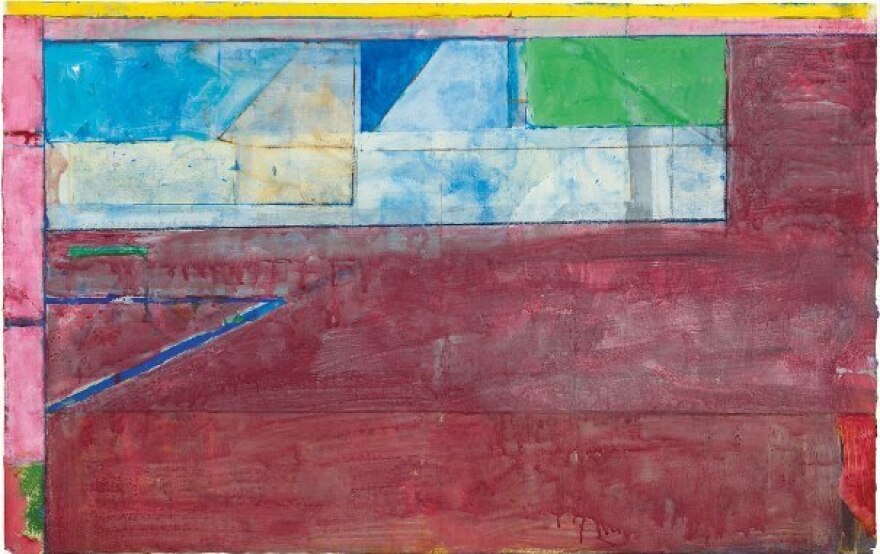 Diebenkorn played music in his studio while he painted — he loved Bach and Mozart — and it's reflected in his composition of colors. "I really do see them as kind of music," says curator Sarah Bancroft. Above, Diebenkorn's 1984 work, <em>Untitled #26</em> — gouache, acrylic and crayon on joined paper.