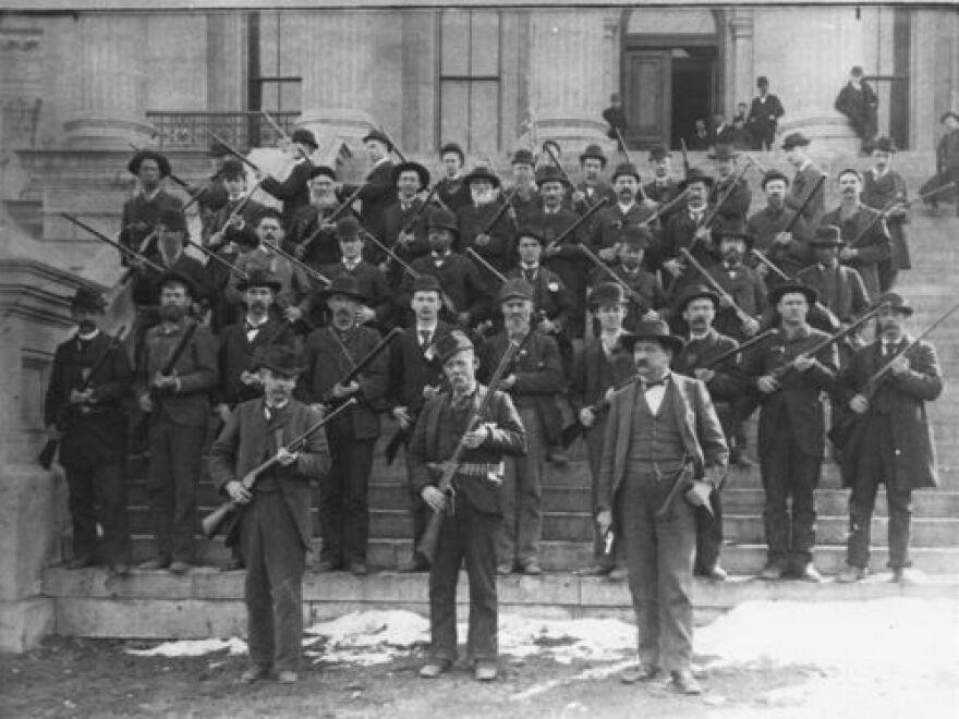 Armed Republicans on the steps of the state Capitol during the legislative war of 1893.
