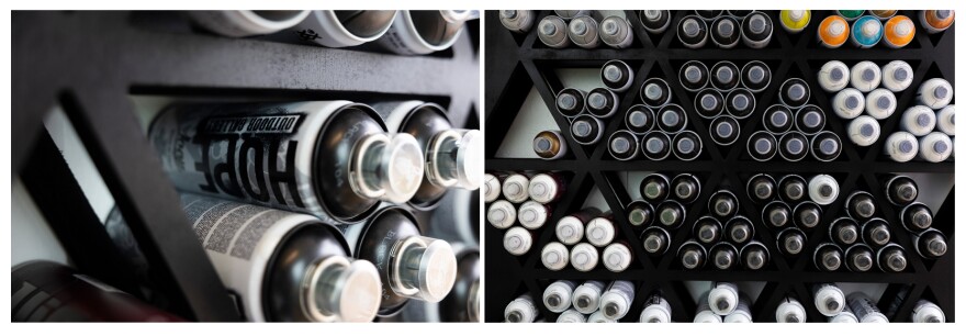 A composite photo with shelves of spray paint cans on the right and a close up of one of the cans, which has the word Hope on it, seen at left. 