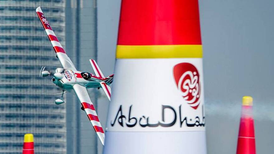 Paul Bonhomme of Britain performs during the finals of the first stage of the Red Bull Air Race World Championship in Abu Dhabi, United Arab Emirates, Saturday, Feb. 14, 2015.