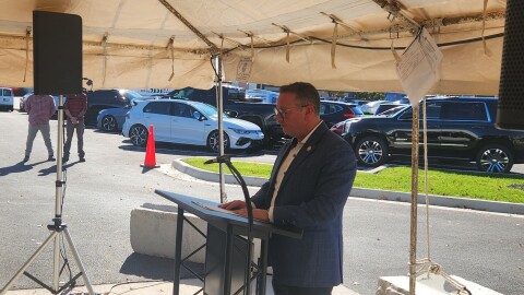 Eric Burlison speaks on November 7, 2025 at the ribbon cutting for the JVCHC Dental Clinic project in Springfield, Mo.