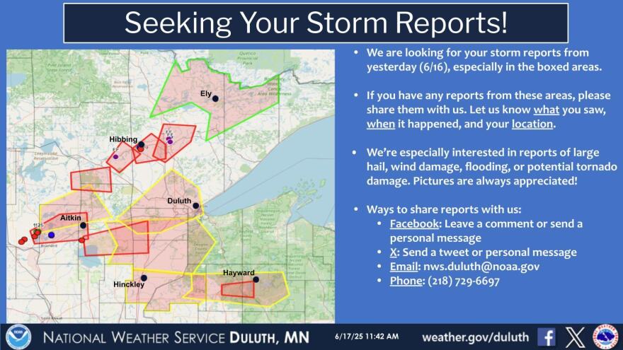 A social media post from the National Weather Service office in Duluth asks for reports of damage from the June 16, 2025, storms.