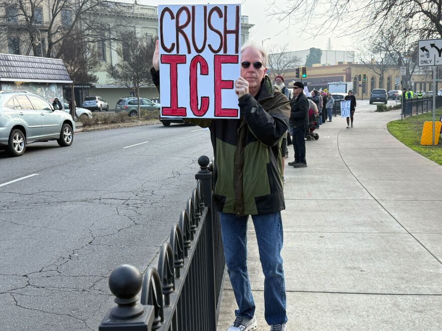 Demonstrators gathered to rally against President Donald Trump and federal immigration authorities as part of nationwide “ICE Out For Good” protests on Friday Jan. 23, 2026, in downtown Chico.