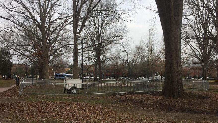 A photo taken on Tuesday shows the site of the former Silent Sam statue and pedestal. University officials removed the pedestal early Tuesday morning.