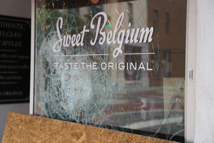 Sweet Belgium, one of several businesses damaged during looting Saturday night on King Street in downtown Charleston