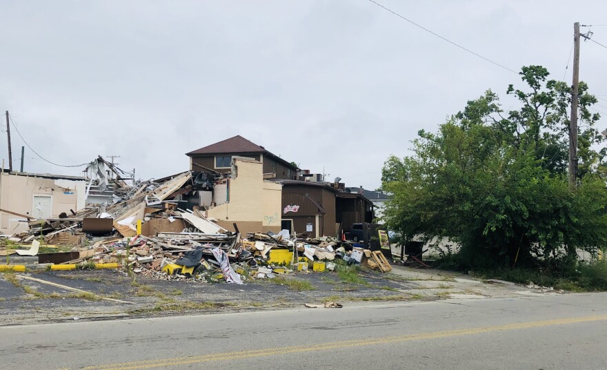 The FHLB grant announcement was made on N. Main St. in Harrison Twp. where severe damage from the Memorial Day tornados remain visible.