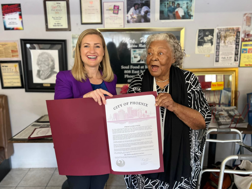 Mayor Kate Gallego honored Elizabeth White on Feb. 23, 2023. She opened Mrs. White's Golden Rule Cafe in Phoenix in 1964.