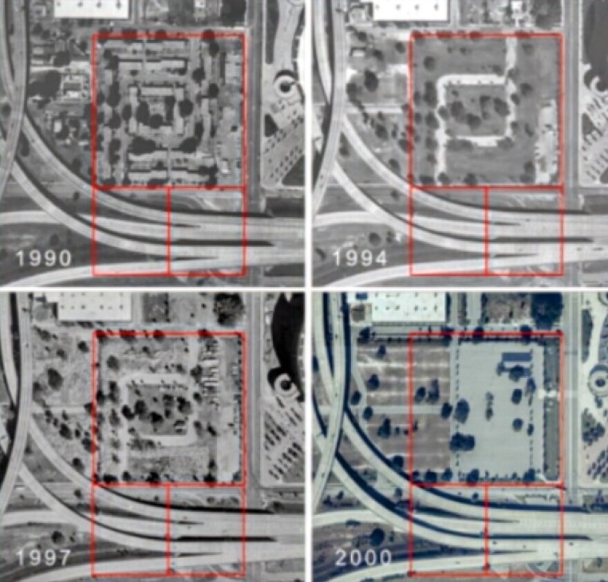 A graphic with aerial images shows a highway's evolution from 1990, 1994, 1997 and 2000
