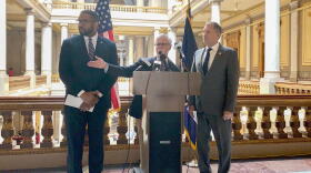 Senate Democrats – from left, Sen. Eddie Melton (D-Gary), Sen. Tim Lanane (D-Anderson) and Sen. Mark Stoops (D-Bloomington) – are calling for greater accountability for virtual charter schools.