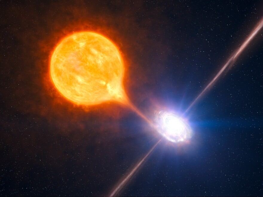 A black hole and its massive pair of jets is seen in association with a growing microquasar in this artist's impression <a href="http://www.eso.org/public/images/eso1028a/">based on multiple sources of telescope data</a>.