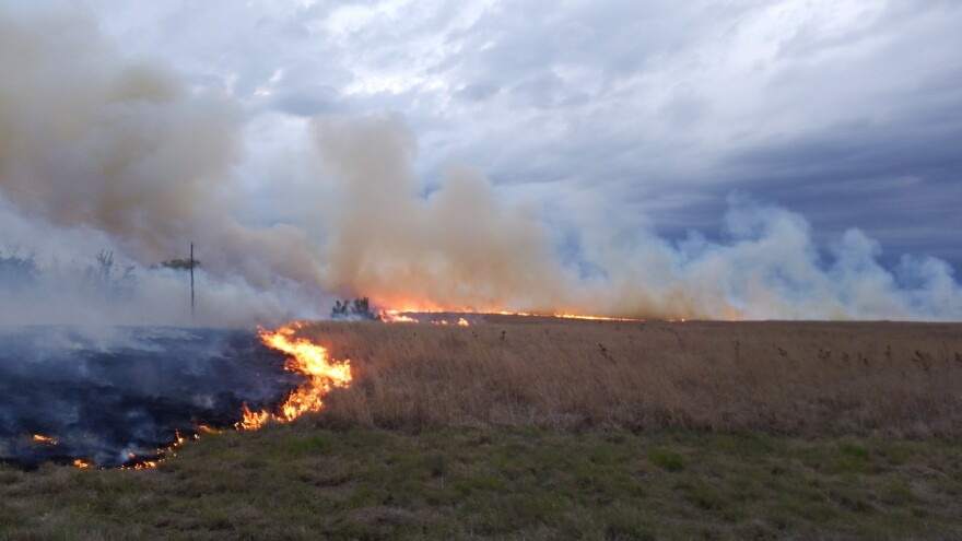 A prescribed burn on Ed Koger's ranch near Belvidere, Kansas. The Lesser Prairie Chicken Initiative offers incentives to get ranchers like Koger to do things to help native grassland habitat.