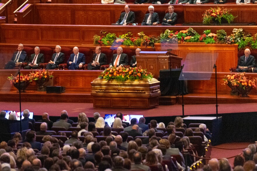 Russell M. Nelson’s casket sat in front of the pulpit where speakers eulogized the life of the late president of The Church of Jesus Christ of Latter-day Saints at his public funeral in Salt Lake City, Oct. 7, 2025.