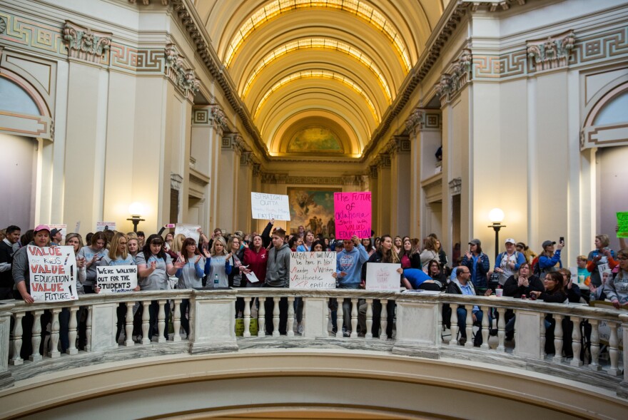 Thousands rally inside the Oklahoma state Capitol building on April 4.