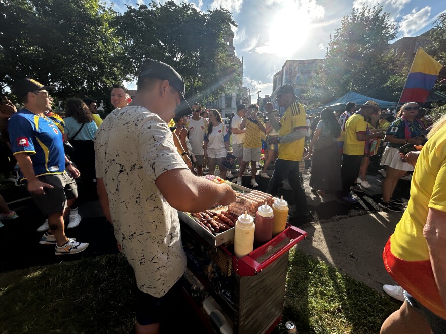 Food and drink vendors joined the festivities Thursday as fans of Colombia's World Cup team celebrated to prepare for Friday's match against Ghana.
