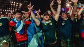 Scottish fans erupt as Scotland holds on to win their first game of the World Cup against Haiti 1-0 at the FIFA Fan Festival Boston at City Hall Plaza. (Jesse Costa/WBUR)