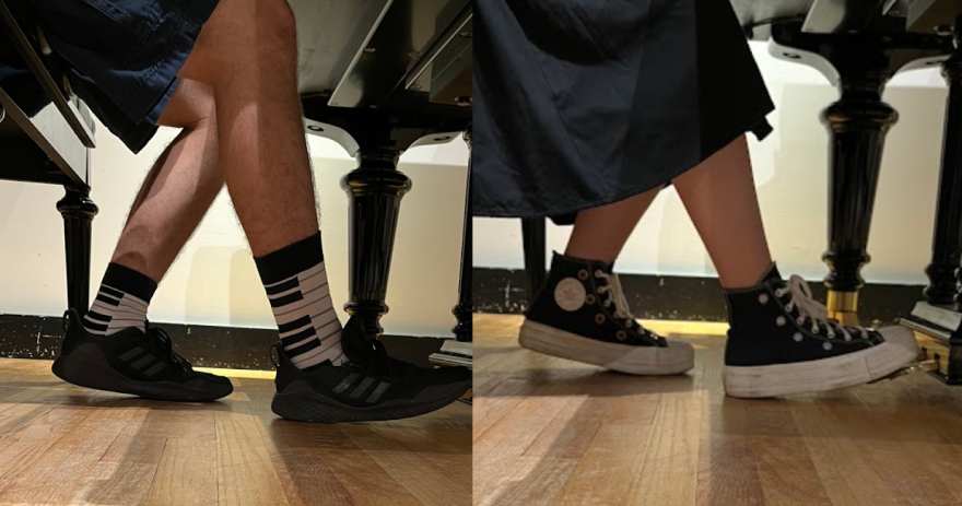 Pianists Donald Valencia and Kate Moore and their stylish ankles in IPR's Studio A