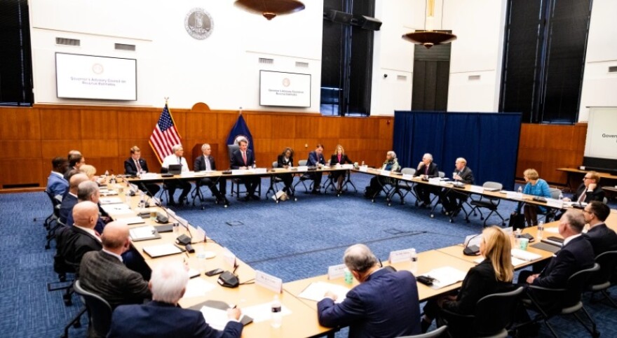 Gov. Glenn Youngkin leads the Governor's Advisory Council on Revenue Estimates meeting on Monday, November 20, 2023 at the Patrick Henry Building in Richmond, Virginia. (Shaban Athuman / VPM News)