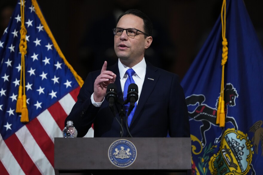 Gov. Josh Shapiro delivers his budget address for the 2024-25 fiscal year to a joint session of the Pennsylvania House and Senate in the Rotunda of the state Capitol in Harrisburg, Pa., Wednesday, Feb. 6, 2024.