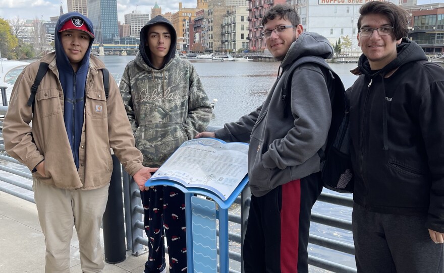 The installation crew (left to right) Bradley Tech students Martin William, Amani Arvisu, Matthew Monville and Elias Guzman
