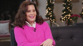 Governor Gretchen Whitmer in a pink sweater in her home