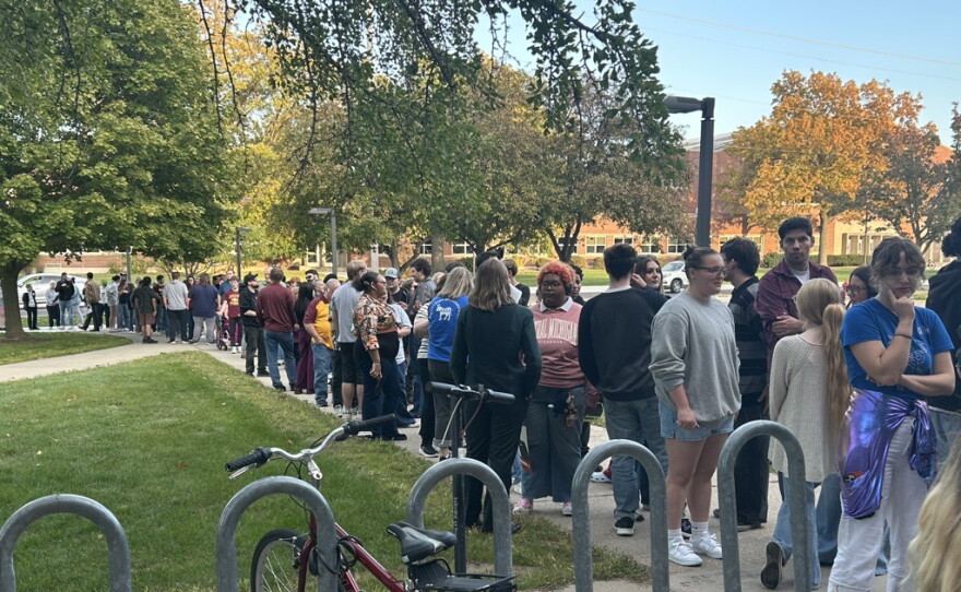 Long lines formed outside Plachta Auditorium at Central Michigan University to see Michigan Democratic U.S. Senate candidate Abdul El-Sayed on Friday, Oct. 9, 2026.
