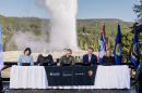 (L to R) Crystal Heter, president and CEO of Tallgrass; Wyoming Gov. Mark Gordon; Secretary of the Interior Doug Burgum; Sean Klimczak, global head of infrastructure at Blackstone and Lisa Diekmann, president and CEO of Yellowstone Forever, sign an agreement on Friday, Oct. 16, 2026.