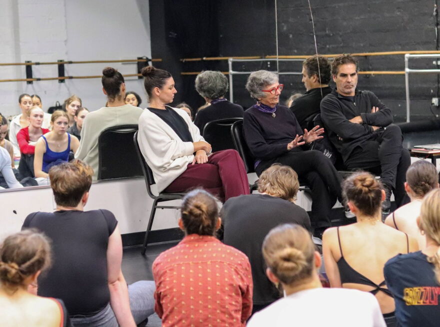 Lilliane Birch (center) telling her family’s story to Ballet RI Dancers alongside Ballet RI Artistic Executive Director Kathleen Breen Combes (left) and Resident Choreographer Yury Yanowsky (right)