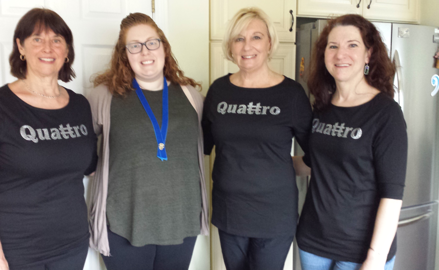 Candace Neilson (left), tenor; Angie Clark, coach; Pia Kroes, lead; Mary Blewitt, baritone; Lin Robinson, bass, is not pictured.