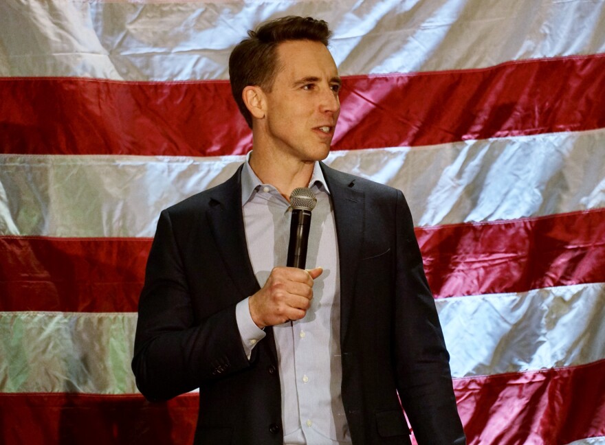  U.S. Sen. Josh Hawley speaks at the Missouri Republican Party Lincoln Days Banquet in Springfield on Feb. 10, 2023. Hawley is up for re-election next year, and his fate could be tied to how well the GOP nominee for president performs in Missouri.