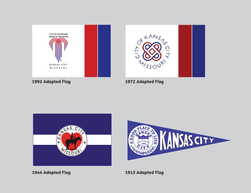 A graphic shows previous Kansas City flags.