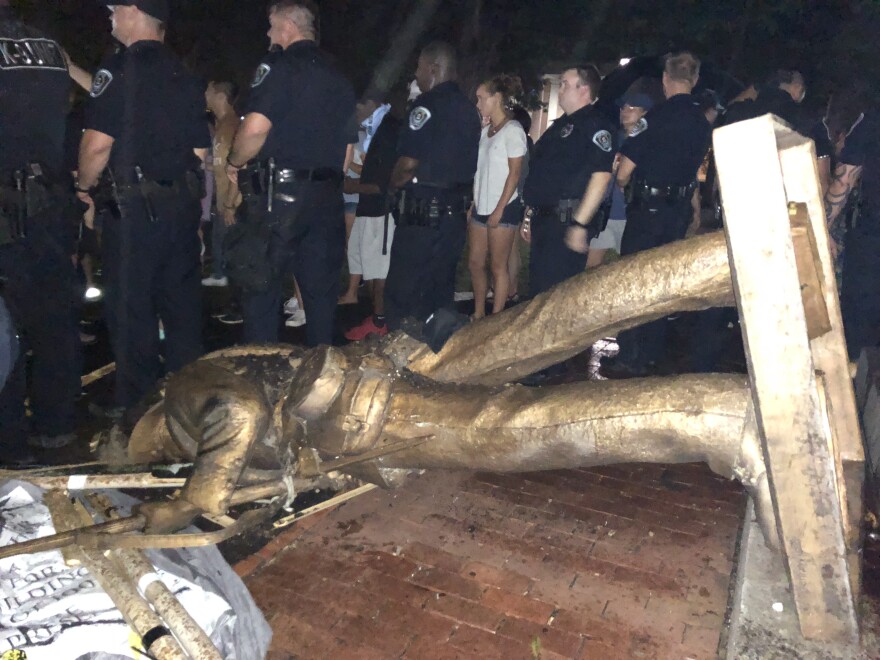 In August 2018, protesters toppled Confederate statue "Silent Sam" on the UNC Chapel Hill campus. 