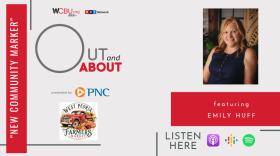 The image features a photo of this episode’s guest Emily Huff who’s promoting the new West Peoria Farmers Market. The image has the quote “NEW COMMUNITY MARKER”, with a graphic advertising the new event. As always, the graphic artwork also features an icon of the podcast’s sponsor PNC Bank as well as various podcast platforms where the Out and About podcast can be heard. 
