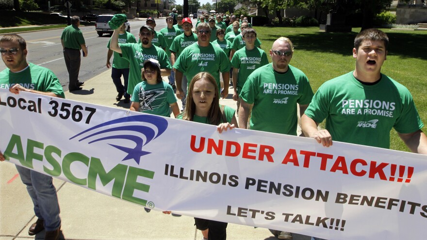 Illinois pensions have amounted to billions that the state can't readily afford. American Federation of State County and Municipal Employees rally against proposed pension legislation on May 23.