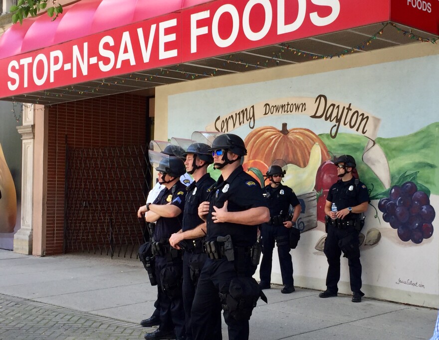 A heavy police presence is throughout downtown Dayton.