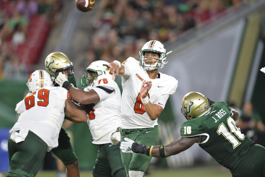 FAMU quarterback, Jeremy Moussa (8), fires down the field during an NCAA football game on Saturday, Sept. 9, 2023, in Tampa, Fla. (AP Photo/Kelly Sheehan)